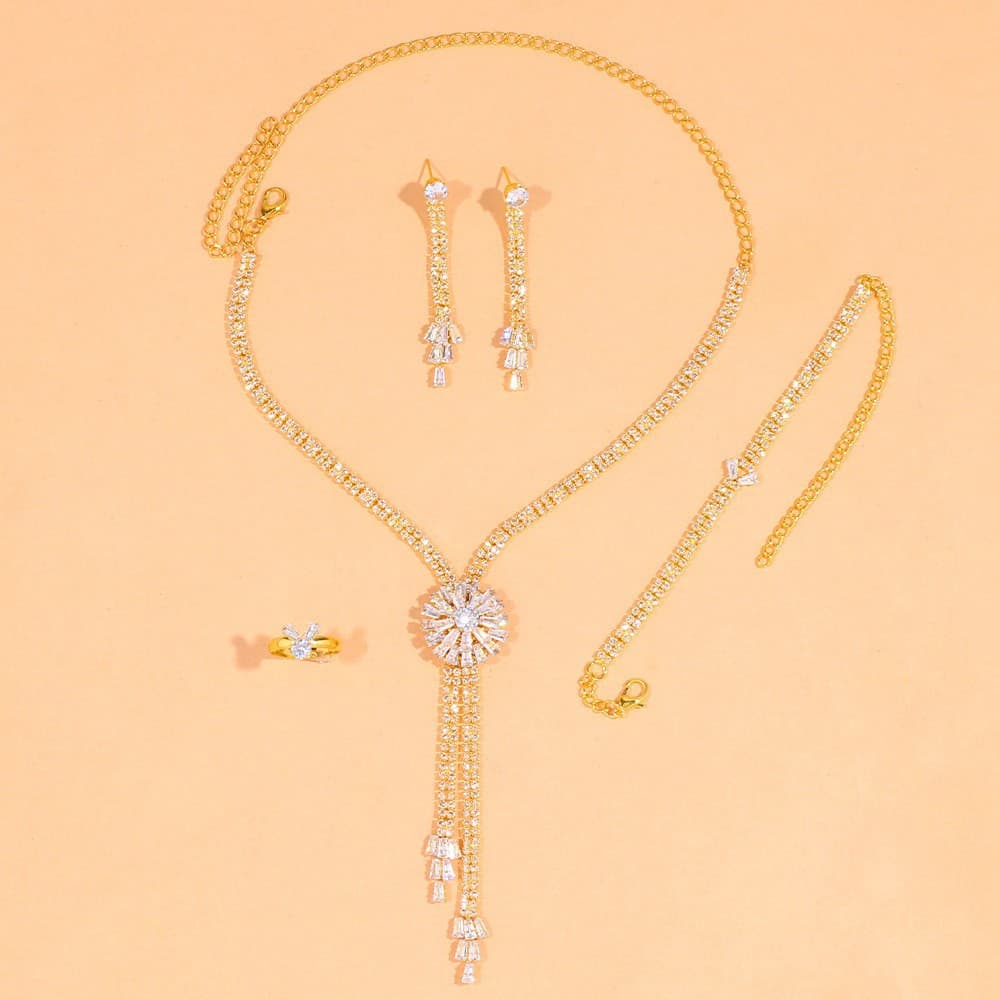 Fashionable necklace with zircon, chain, set, jewelry for bride, dress, accessory, flowered, European style, light luxury style 4