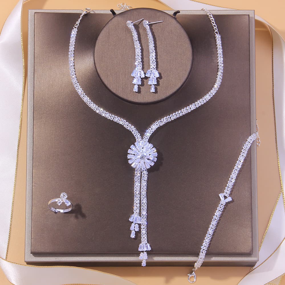 Fashionable necklace with zircon, chain, set, jewelry for bride, dress, accessory, flowered, European style, light luxury style 1