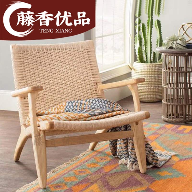 INS Japanese -style rattan solid wood sofa chair living room casual chair rope editor back lazy people to read chairs with balcony 2