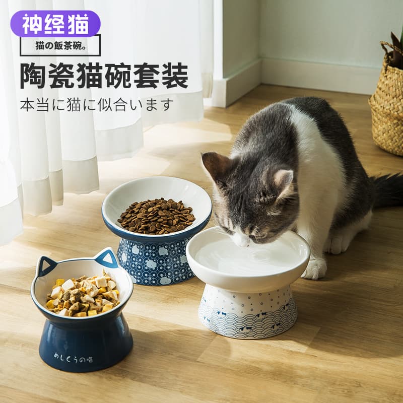 Japanese and wind ceramic cat bowl double bowl of potted bowl bowl cats drink water bowl to protect cervical cervical cat drinking water pet supplies