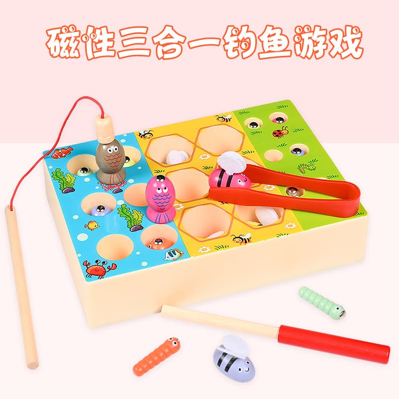 Wooden magnetic children's universal fishes for fishing, three-in-one, bee 2