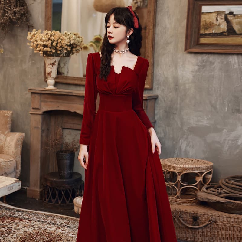 Burgundy dress for bride, autumn long long-sleeve, square neckline, A-line 3