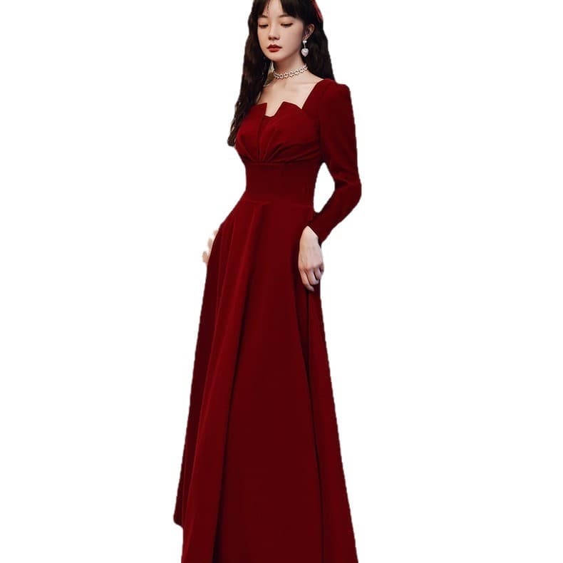 Burgundy dress for bride, autumn long long-sleeve, square neckline, A-line 5