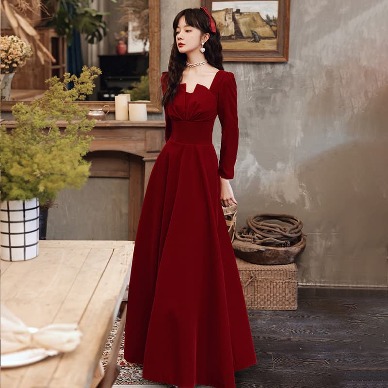 Burgundy dress for bride, autumn long long-sleeve, square neckline, A-line 1