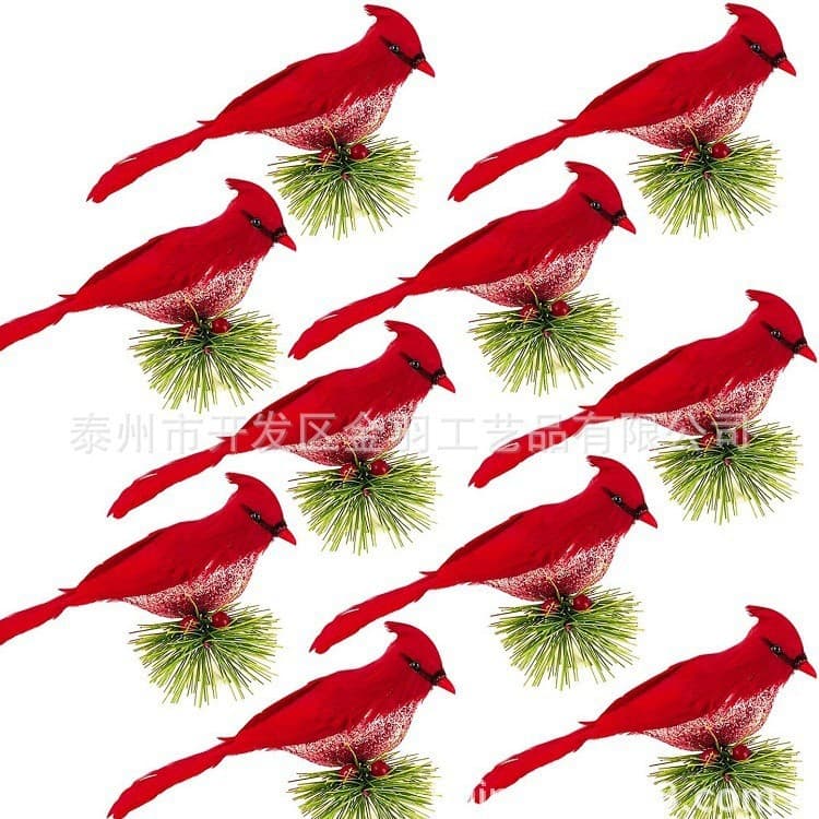 Christmas decorative red bird Christmas bird gold powder pink branches red bird bird simulation Christmas feather bird Christmas tree decorative birds 5