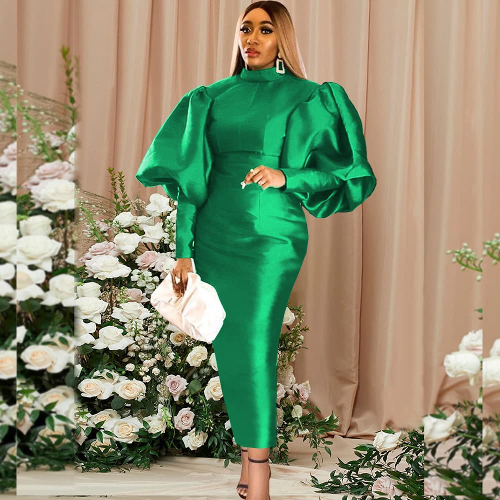 Green evening dress, puff sleeves, plus size 2