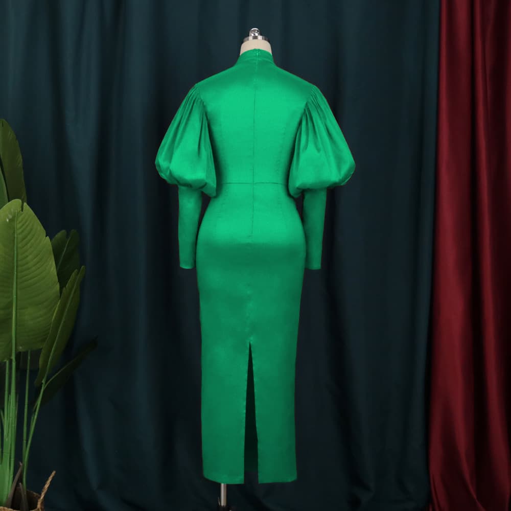 Green evening dress, puff sleeves, plus size 4