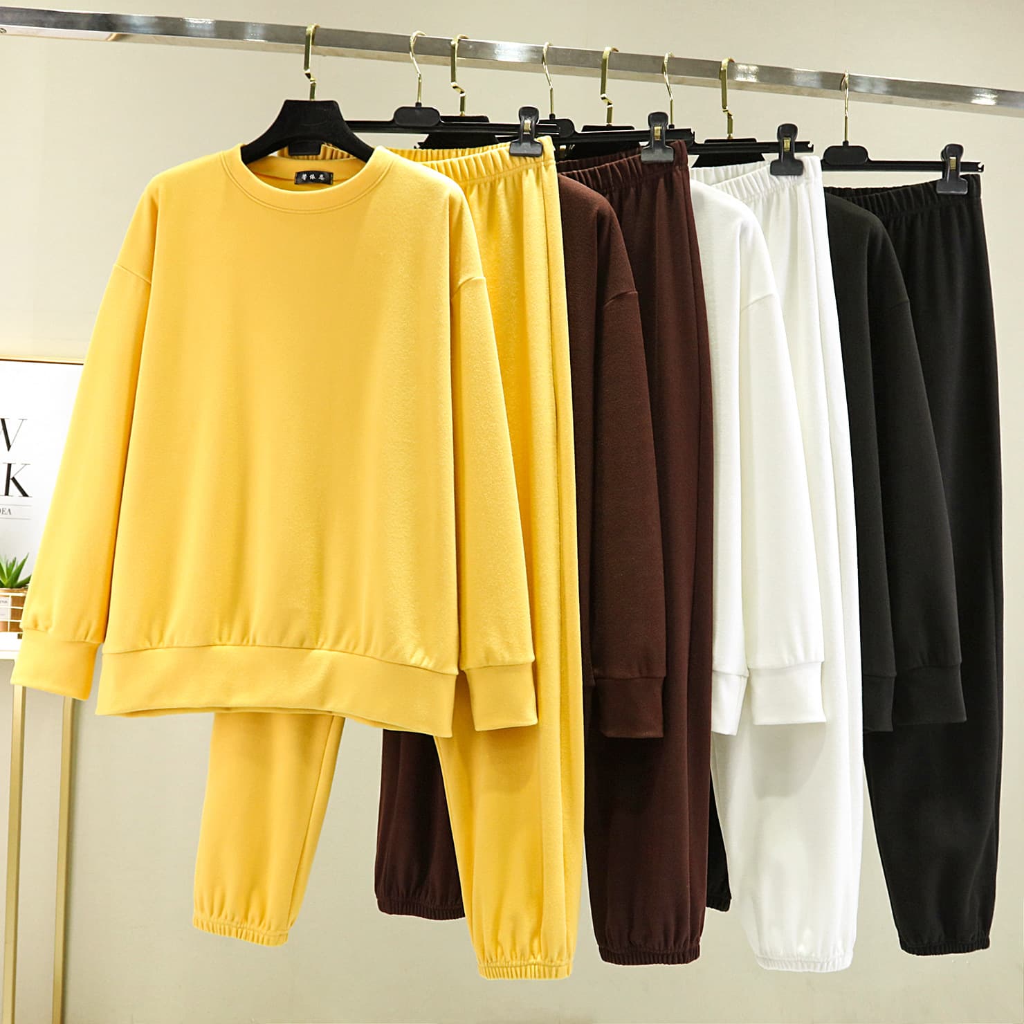 Velvet keep warm autumn demi-season set with a round collar, long-sleeve, trousers, Korean style, increased thickness