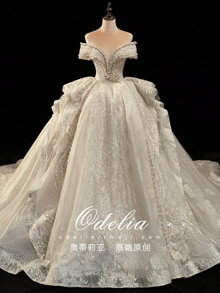Lixiang's "Pearl Light" 2025 new wedding dress main wedding dress palace style tail heavy industry one-shoulder wedding dress women 3