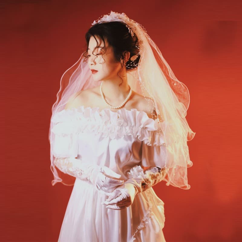 Retro lace wedding dress, nostalgia, lace dress, open shoulders