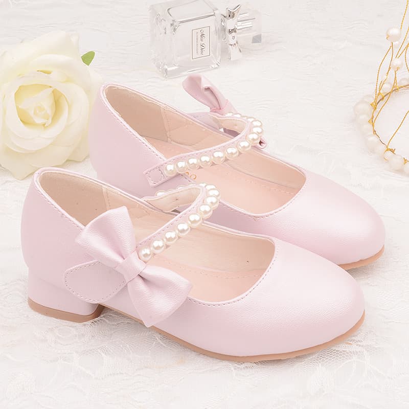 (Wholesale), children's white demi-season shoes with bow heels, decorated with pearls, princess style 4