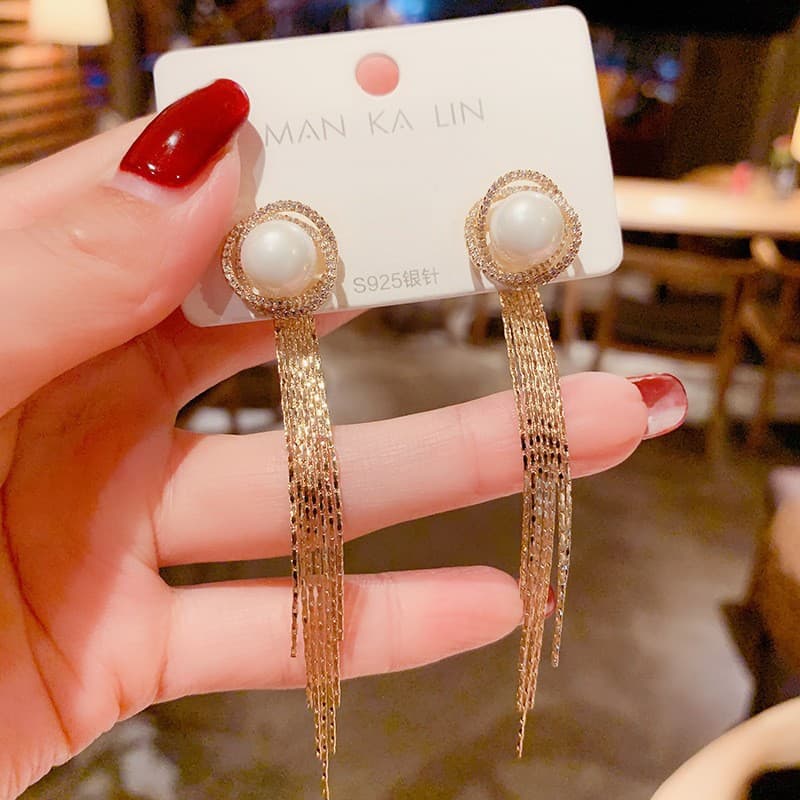 Geometric fashionable retro earrings from pearl with tassels, silver 925 sample, high-quality style 4