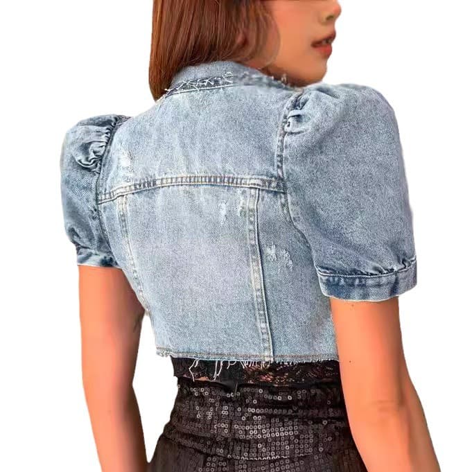 Crop Denim Jacket Cross -border INS Wind Cut the Retro Catal Poop Bubble Sleeve Cowboy Jacket 2