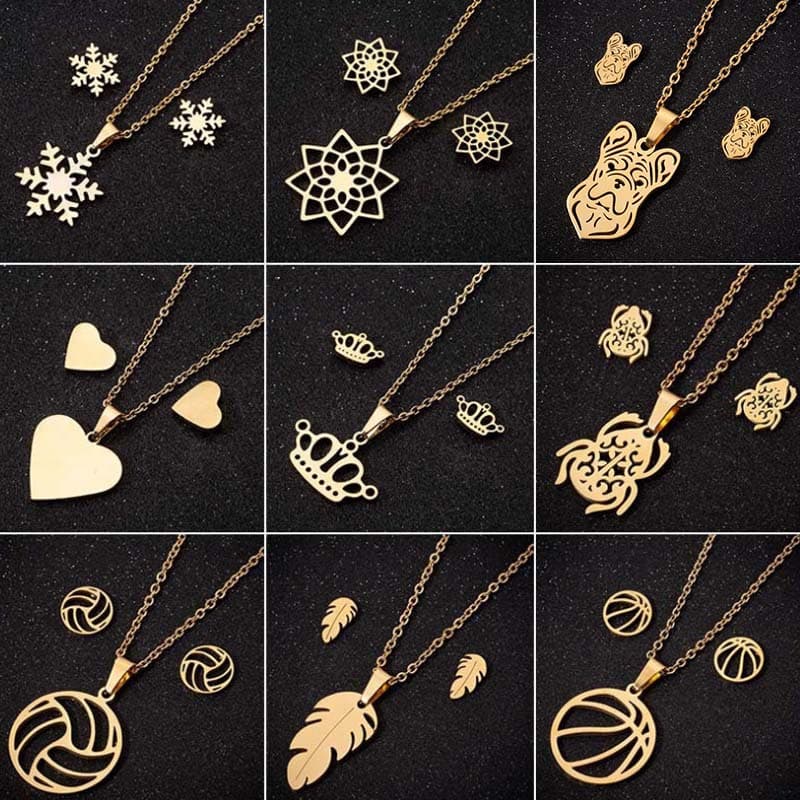 (Cross-border trading), fashionable earrings, necklace, jewelry, set heart shaped, with snowflakes, 18 carat white gold