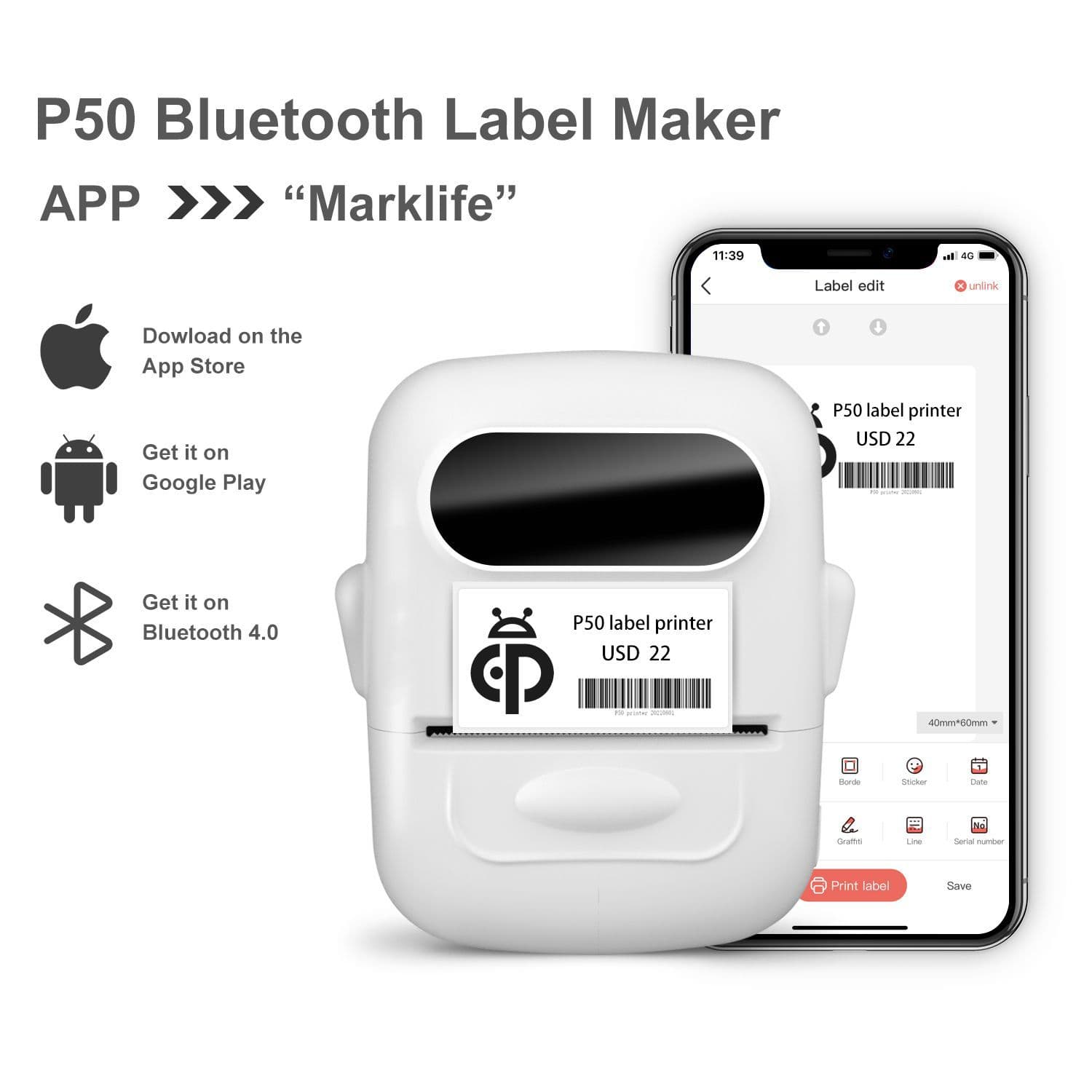 P50 Bluetooth Thermal Barcode Label Printer Factory InklessLabelPrinter Label Machine