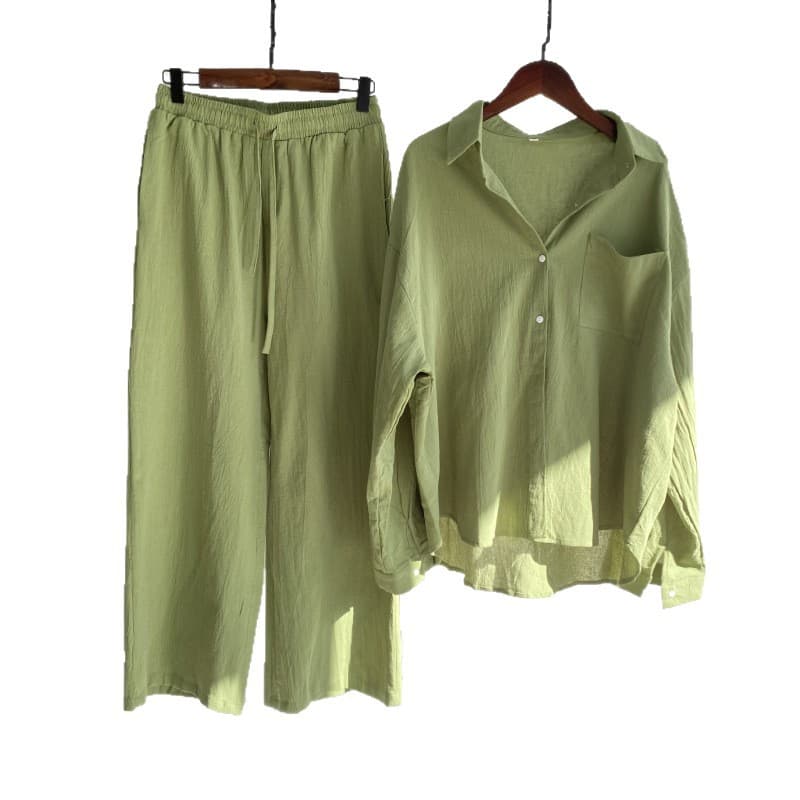 (Cross-border trading), retro set, shirt, trousers, Amazon, 2 pieces, plus size, cotton and linen, high waist 5