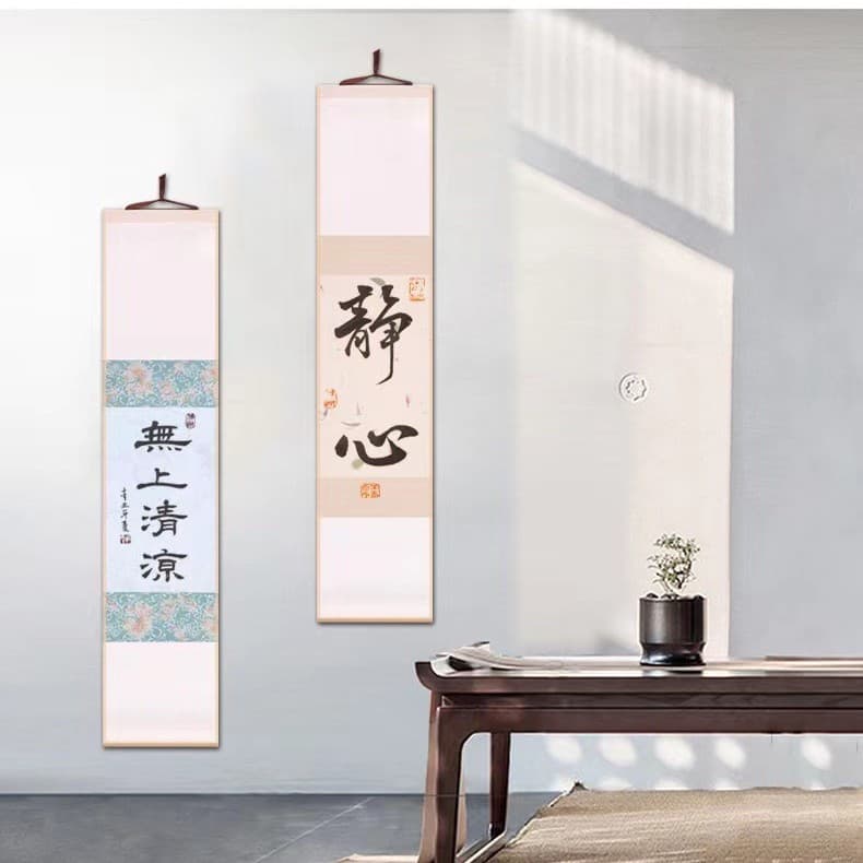 Blank rice paper hanging scroll Japanese style half-cooked batik blue and white handwritten calligraphy scroll vertical axis retro small vertical scroll 4