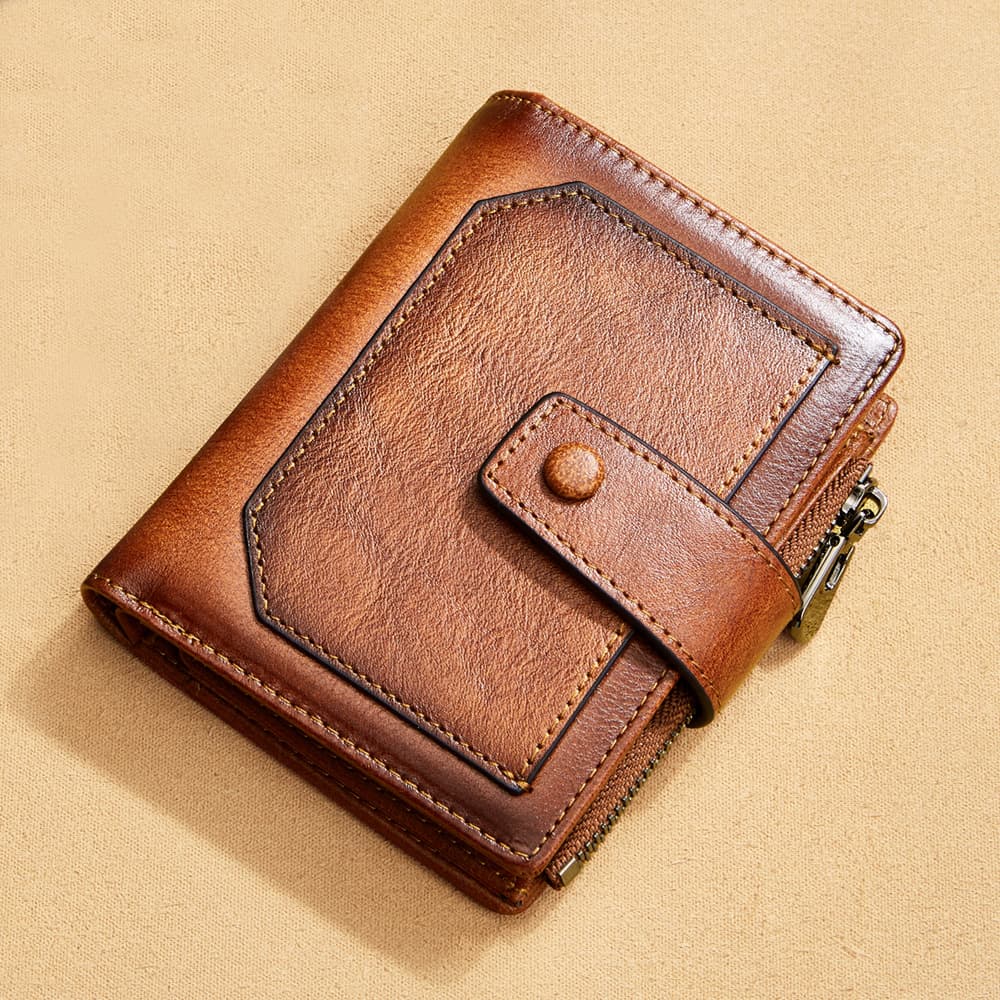 (Wholesale), (Cross-border trading), short retro leather wallet with zipper, genuine leather, anti-theft 1