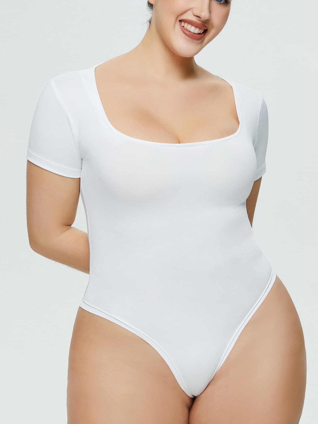 Solid color bodysuit, short sleeve T-shirt, overall, short trousers, European style, square neckline, slim fit, plus size, high waist 3