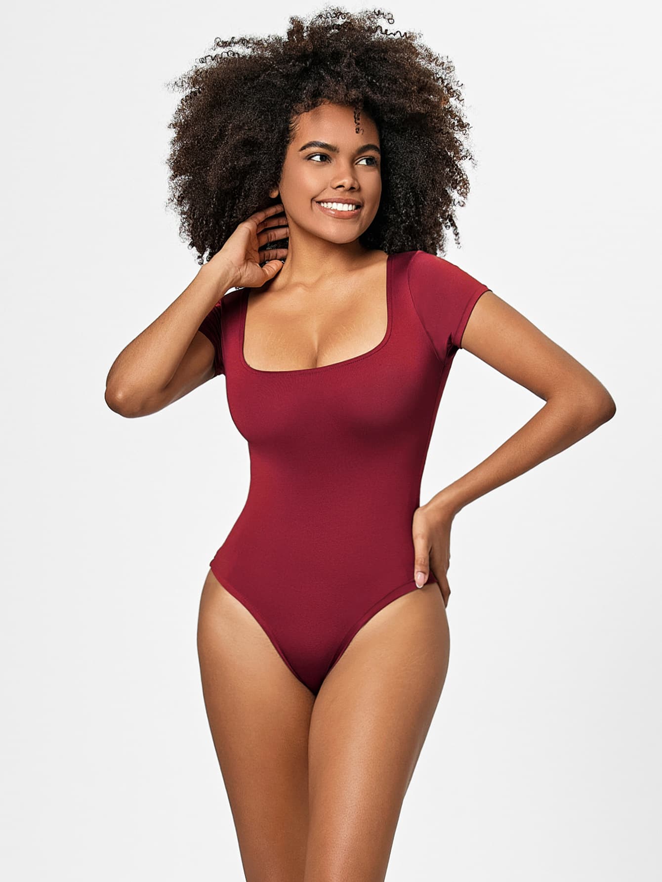 Solid color bodysuit, short sleeve T-shirt, overall, short trousers, European style, square neckline, slim fit, plus size, high waist 5