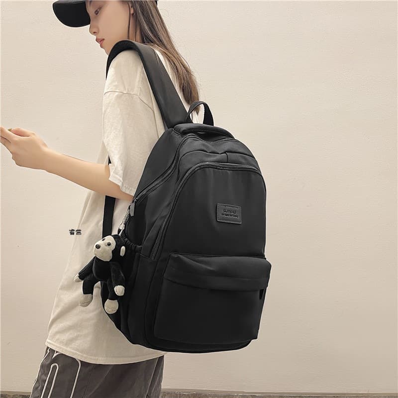 Solid color backpack, school bag, capacious shoulder bag, Korean style, for secondary school, simple and elegant design