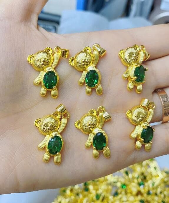 Cute golden necklace, pendant, micro incrustation, 14 carat, golden color, with little bears