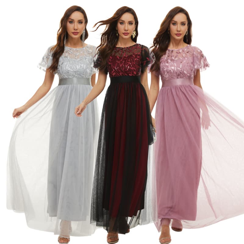 Mini-skirt with a round collar, elegant fitted evening dress, cocktail dress, with sequins, with short sleeve, tutu skirt, for bridesmaid