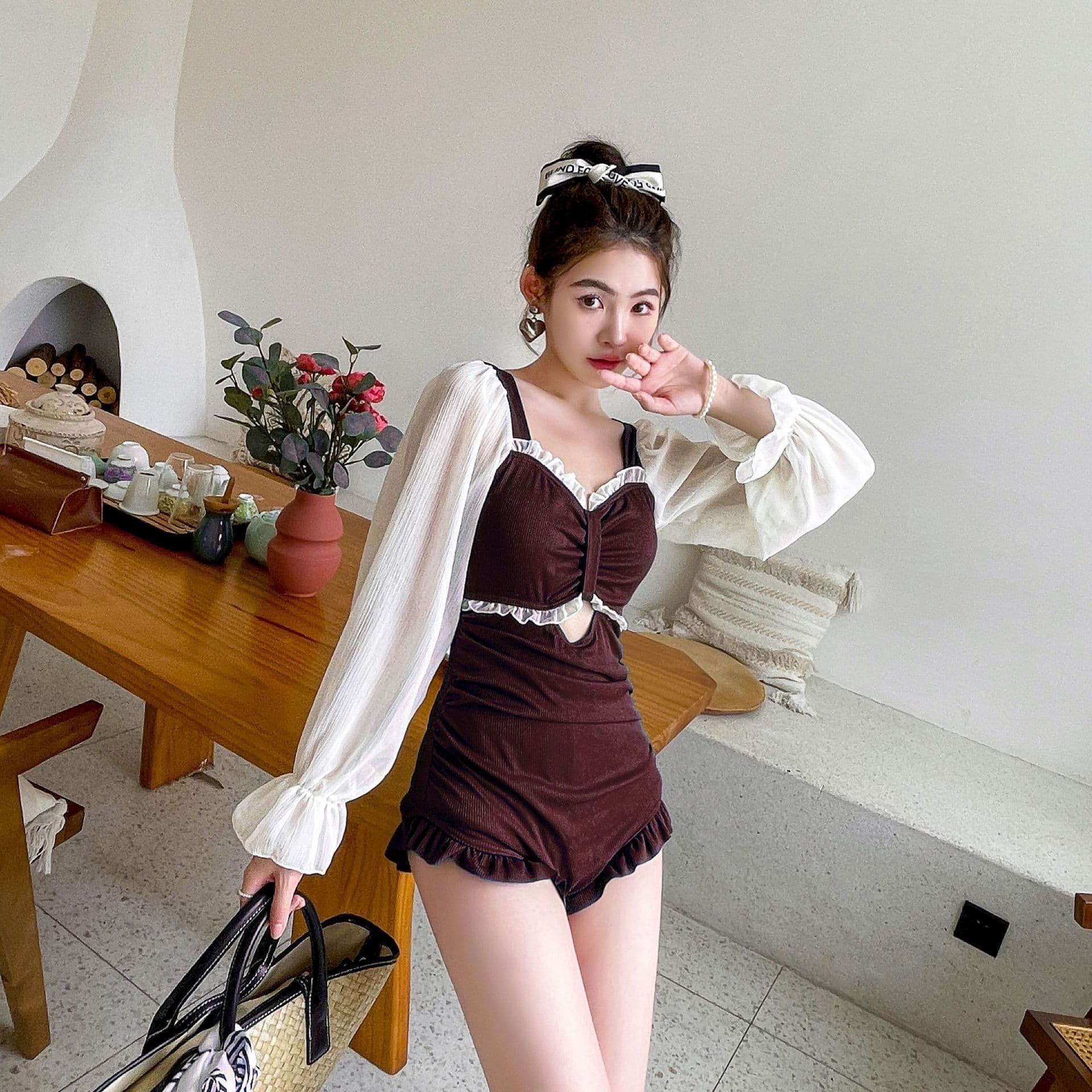 Swimwear, sexy push up bra, black long-sleeve for students, plus size 2