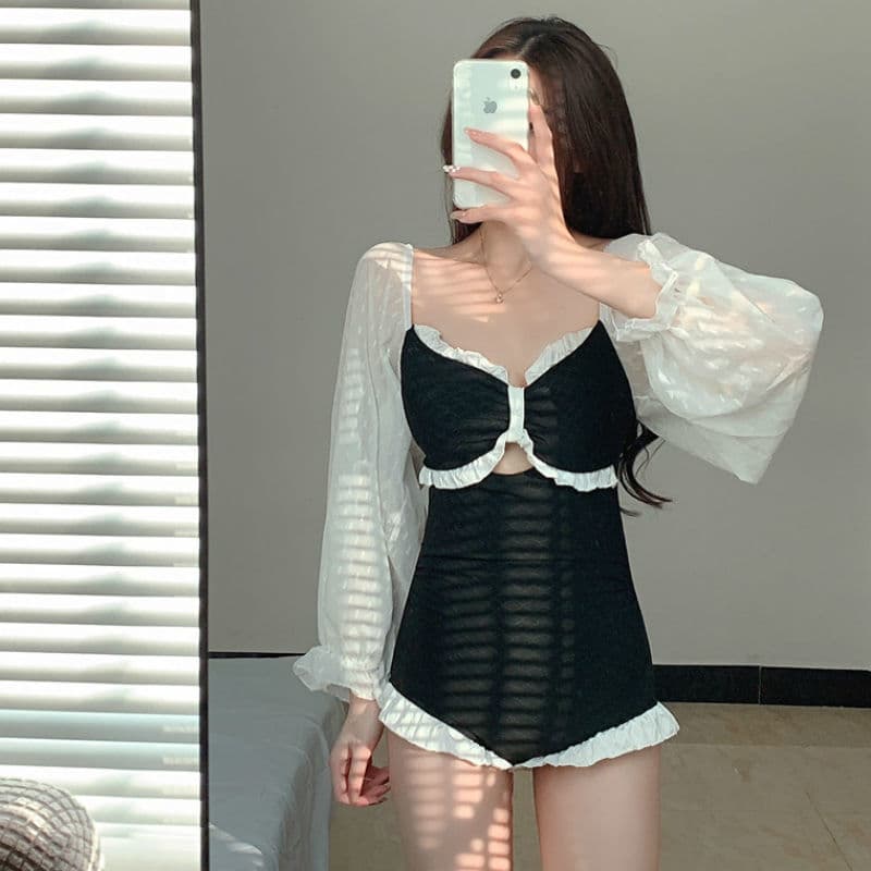 Swimwear, sexy push up bra, black long-sleeve for students, plus size 1