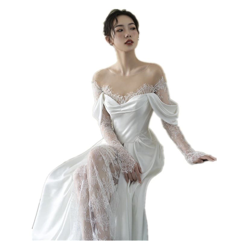 Lace white retro wedding dress for bride, french style 5
