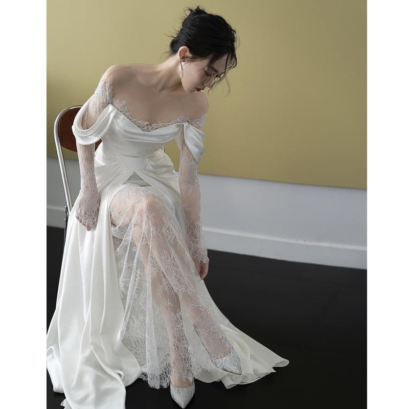 Lace white retro wedding dress for bride, french style