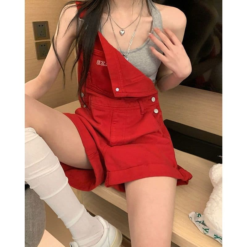 Denim short cute suspenders, summer fitted trousers, loose fit, high waist 1