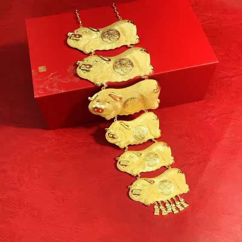 Matte brass small golden necklace for bride, dragon and phoenix 2