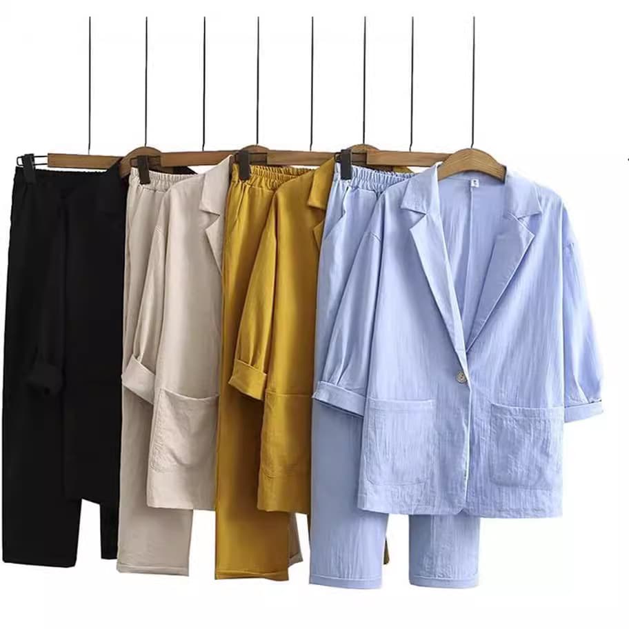 Set, suit, autumn trousers for leisure, cotton and linen, 2 pieces, loose fit