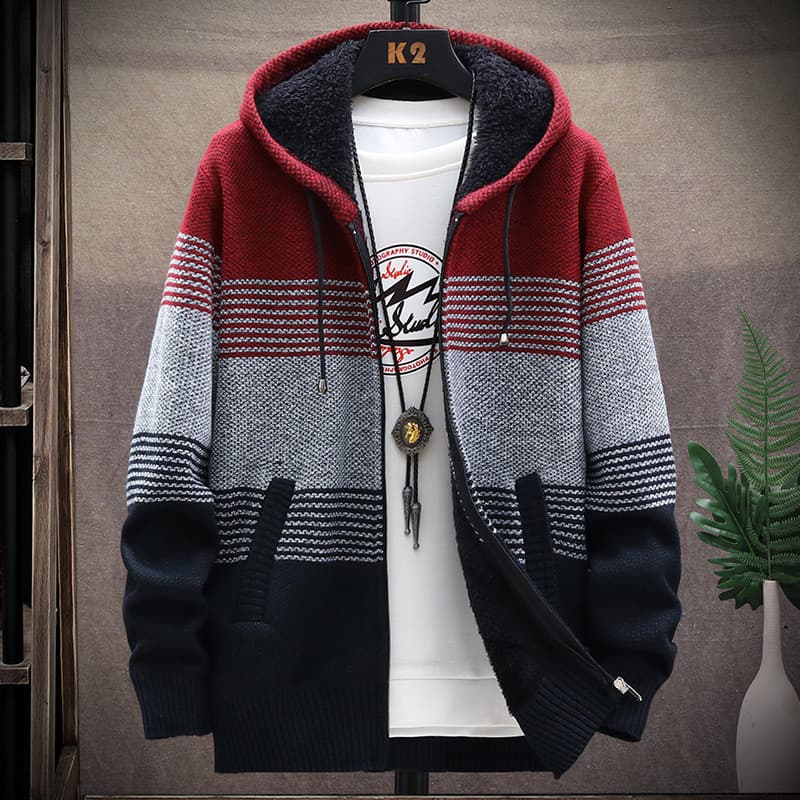 Autumn demi-season cardigan, men's sweater, insulated trend hoody, two-tone knitted jacket with hood, plus size 3