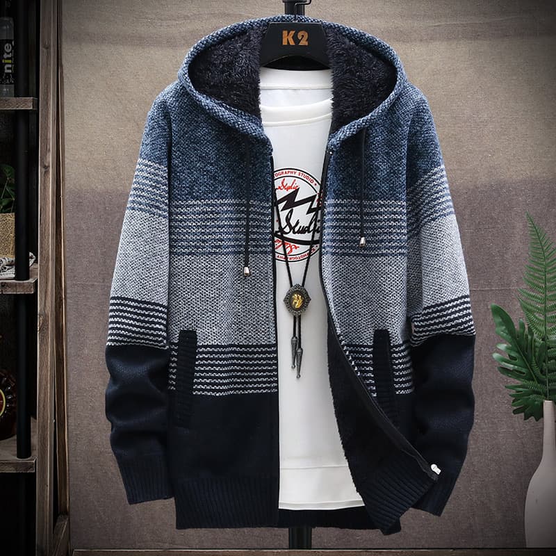 Autumn demi-season cardigan, men's sweater, insulated trend hoody, two-tone knitted jacket with hood, plus size 4
