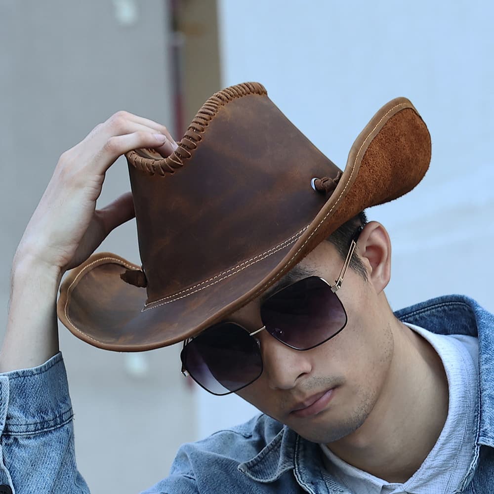 (Cross-border trading), men's travel fashionable denim leather sun hat, genuine leather 2