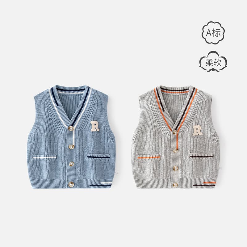 Children's vest, demi-season knitted sweater, cardigan for boys, V-neckline, Korean style