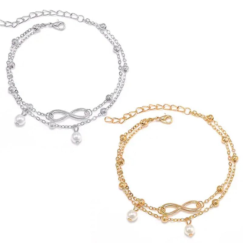 Ankle Bracelet Simple Stylish European Women's Body Jewelry for Everyday Layered Imitation Pearl Alloy Infinity Silver