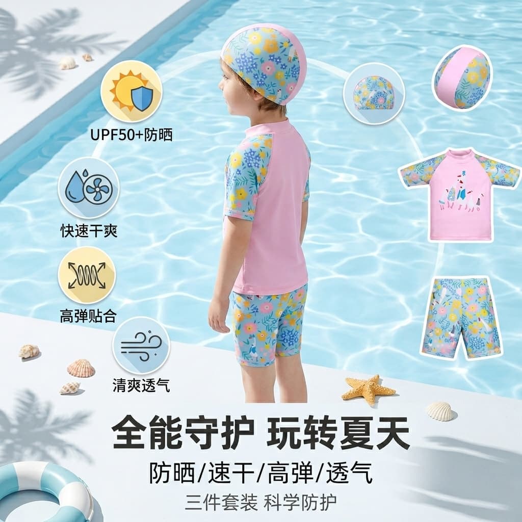 (Cross-border trading), children's swimwear, cartoon split uniform, set, for teenagers, 3 piece set 2