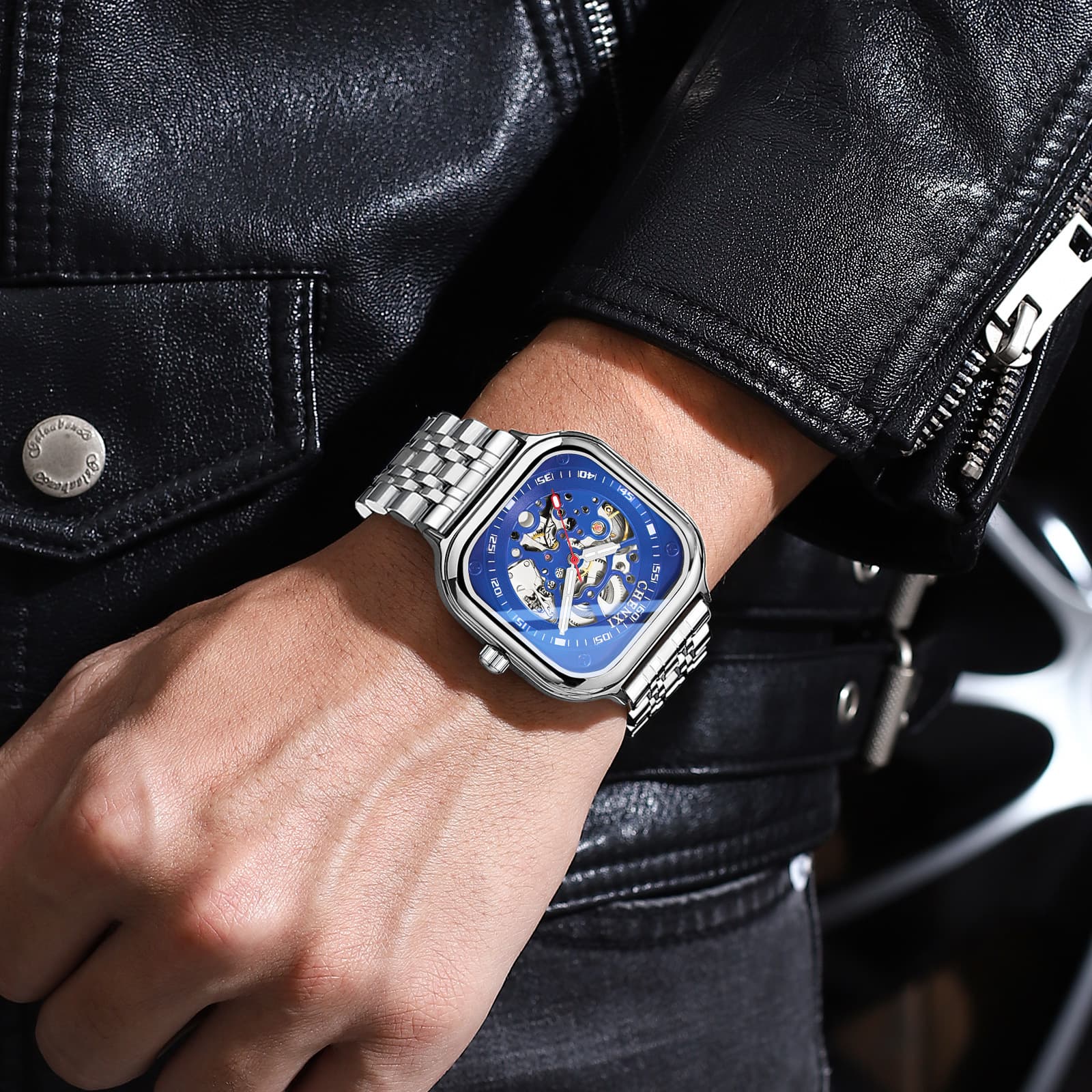 Men's square fashionable mechanical waterproof mechanical watch, men's watch, fully automatic 2