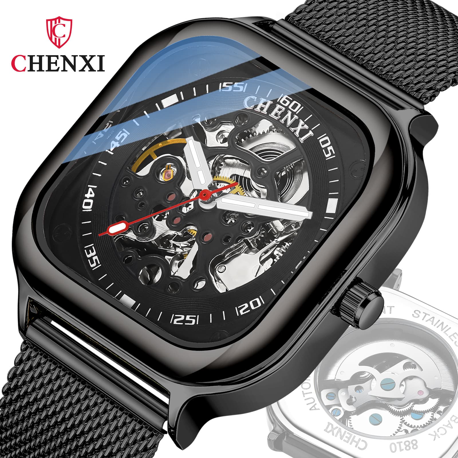 Men's square fashionable mechanical waterproof mechanical watch, men's watch, fully automatic