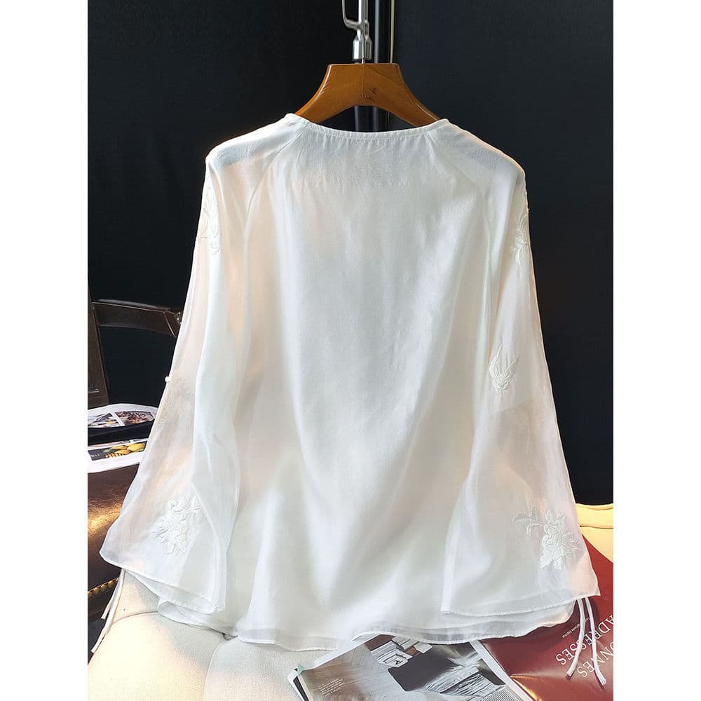 White colored autumn shirt with a round collar, Chinese style 2