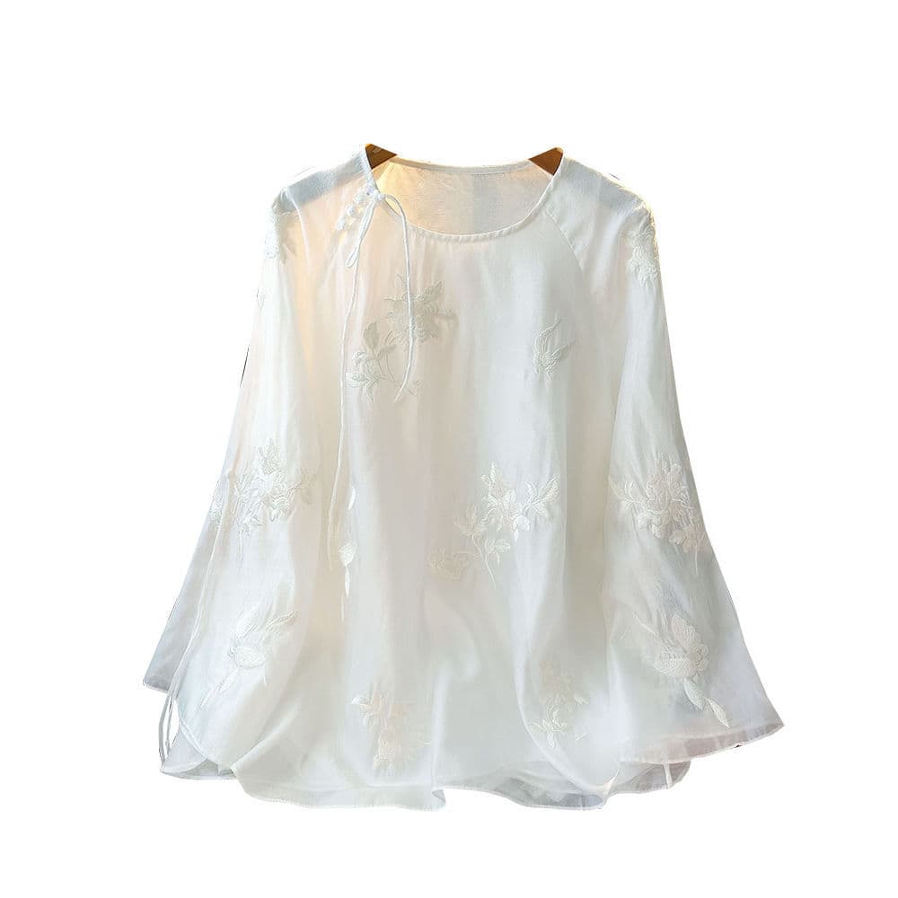 White colored autumn shirt with a round collar, Chinese style 5