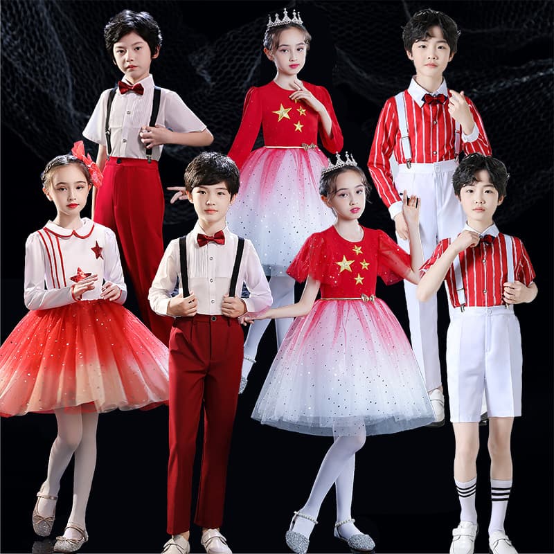 National Day Children's Chorus Costumes Red Song Choir Male and Female Primary and Secondary School Students Recitation Costumes Red Star Sparkling Performance Costumes 2