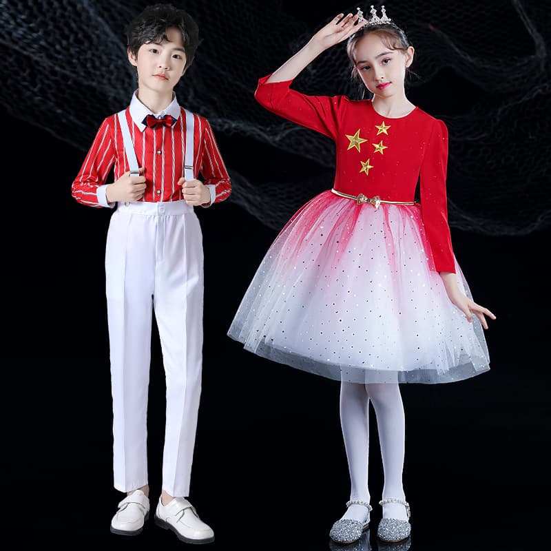 National Day Children's Chorus Costumes Red Song Choir Male and Female Primary and Secondary School Students Recitation Costumes Red Star Sparkling Performance Costumes 3