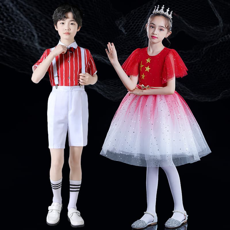 National Day Children's Chorus Costumes Red Song Choir Male and Female Primary and Secondary School Students Recitation Costumes Red Star Sparkling Performance Costumes 4