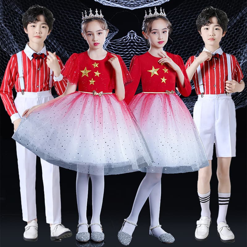 National Day Children's Chorus Costumes Red Song Choir Male and Female Primary and Secondary School Students Recitation Costumes Red Star Sparkling Performance Costumes 1