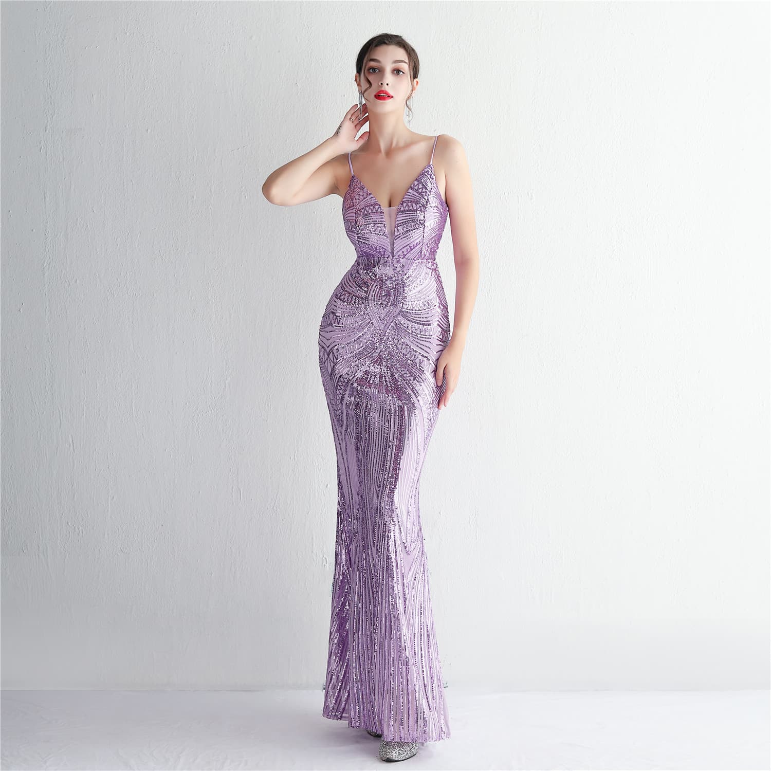 Long evening dress, city style, with sequins, slim fit