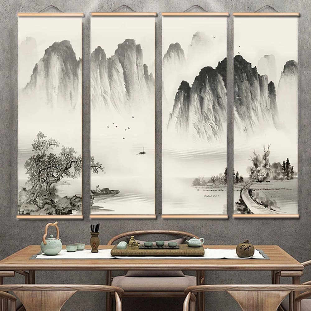 Zhuoyu solid wood hanging painting decoration scroll painting solid wood hanging painting ink landscape painting home inkjet decorative painting 1